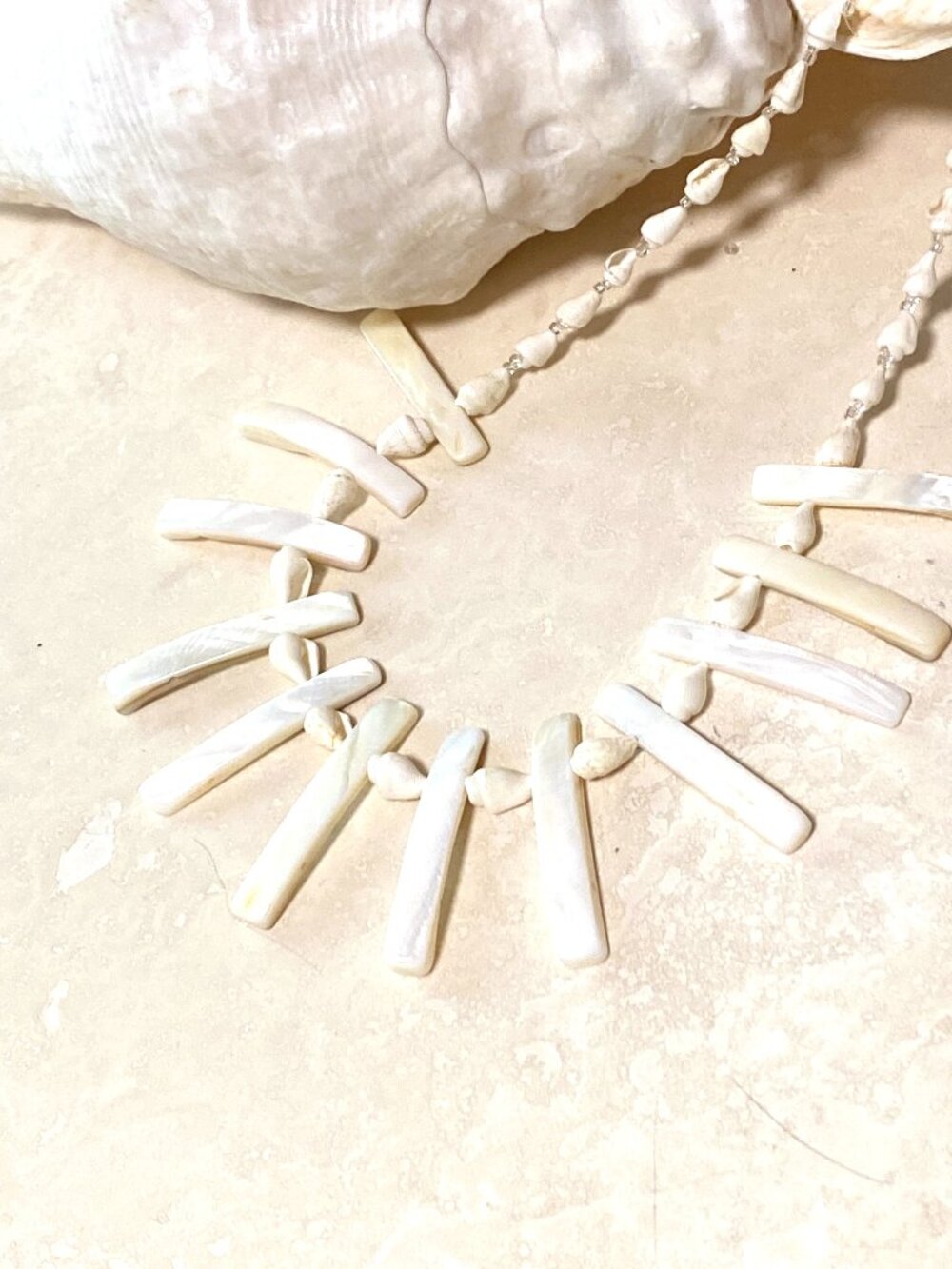 Natural White Mother of Pearl & Shell Picket and Berries Statement Necklace